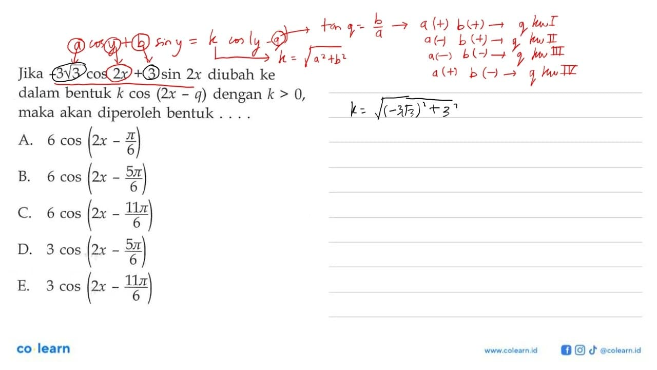 Jika -3akar(3) cos (2x) + 3 sin (2x) diubah ke dalam bentuk