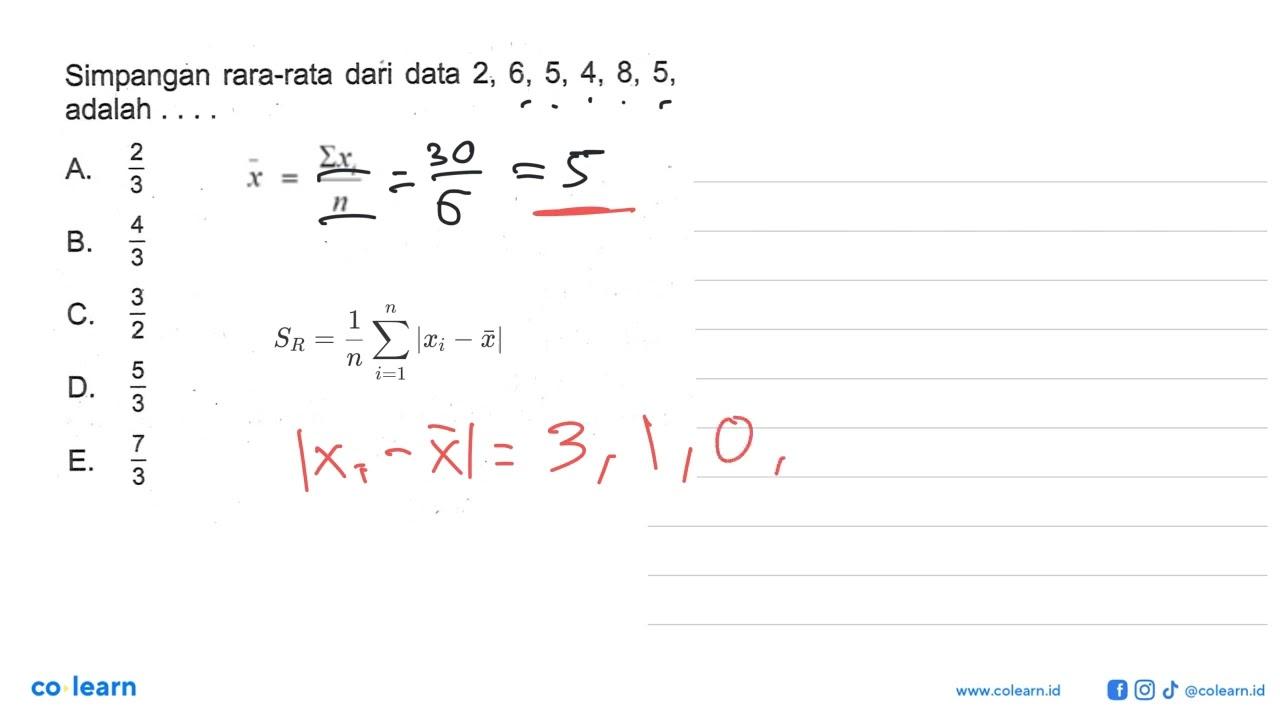 Simpangan rara-rata dari data 2, 6, 5, 4, 8, 5, adalah