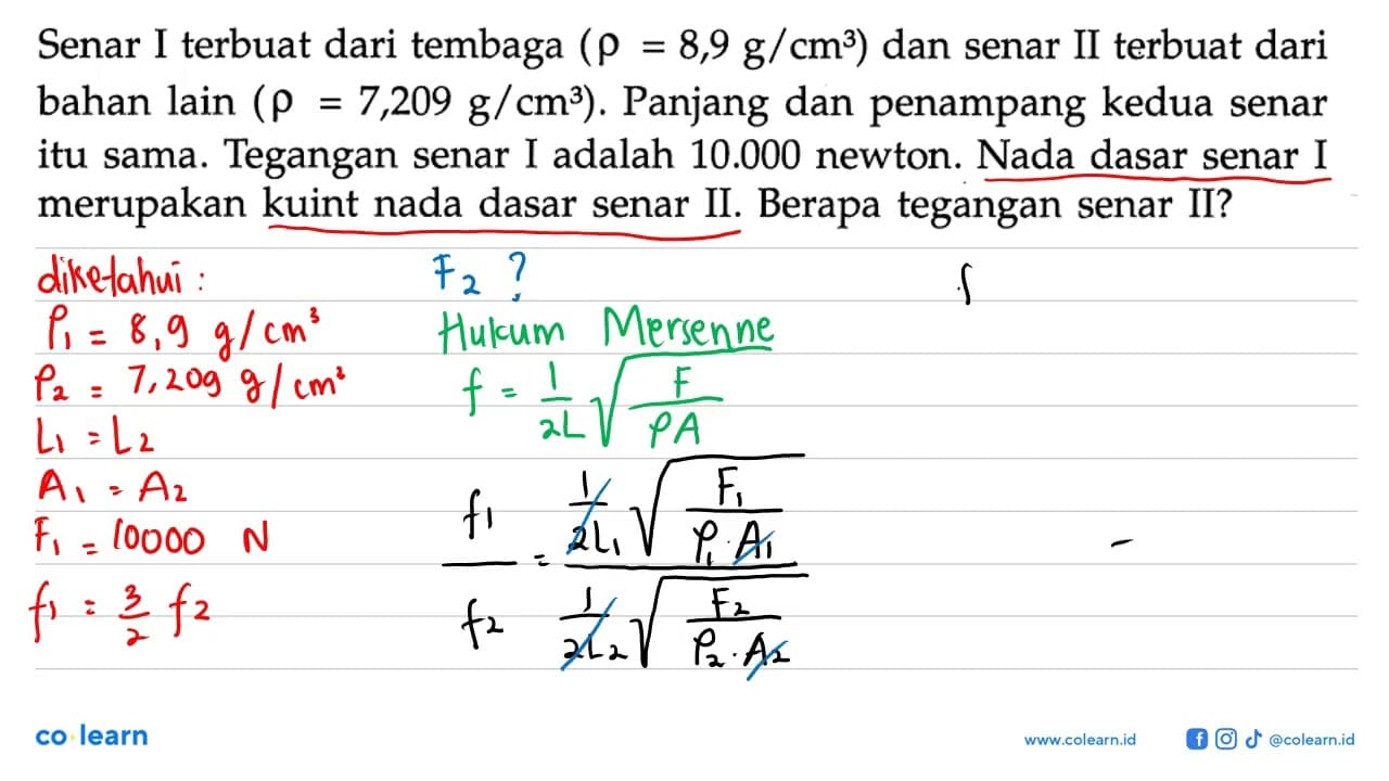 Senar I terbuat dari tembaga (rho=8,9 g/cm^3) dan senar II