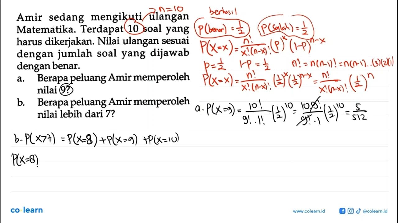 Amir sedang mengikuti ulangan Matematika. Terdapat 10 soal