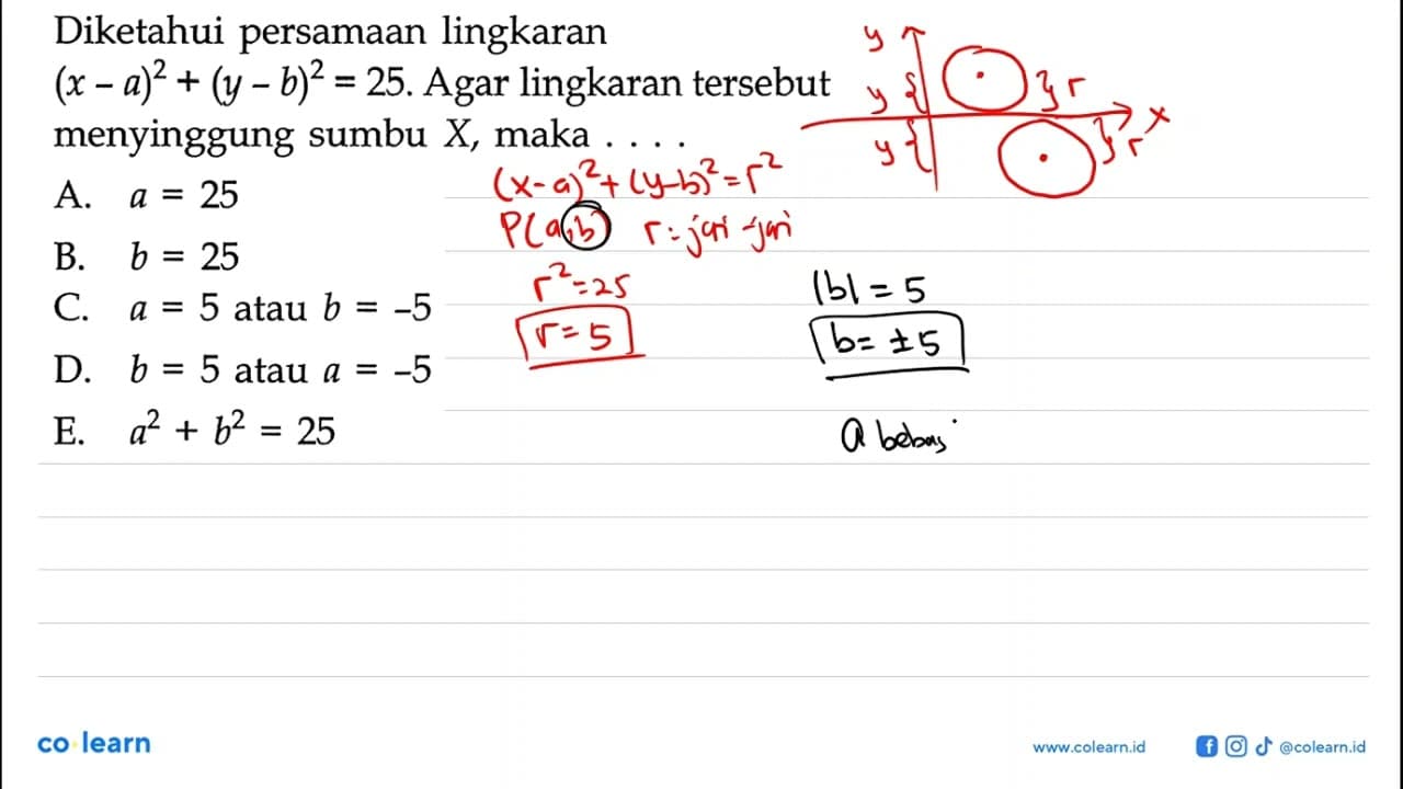 Diketahui persamaan lingkaran (x - a)^2 + (y - b)^2 = 25.