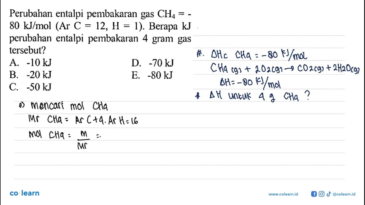 Perubahan entalpi pembakaran gas CH4=80 kJ/mol(Ar