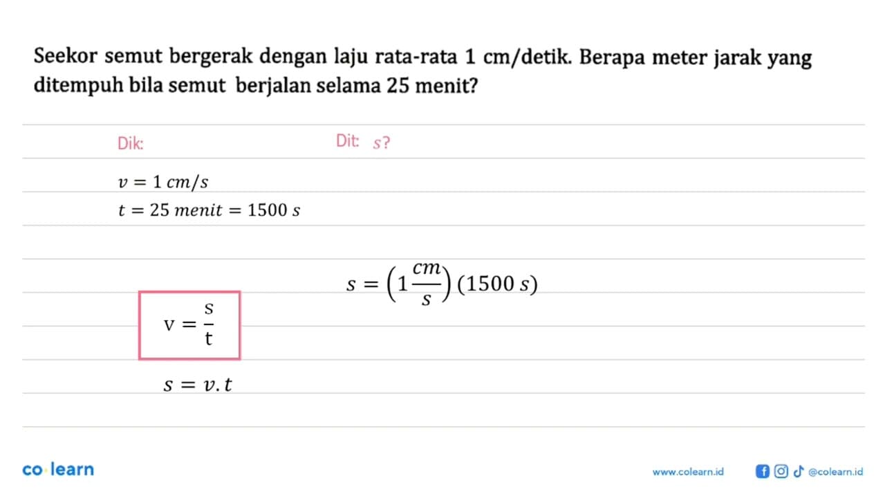 Seekor semut bergerak dengan laju rata-rata 1 cm/detik.