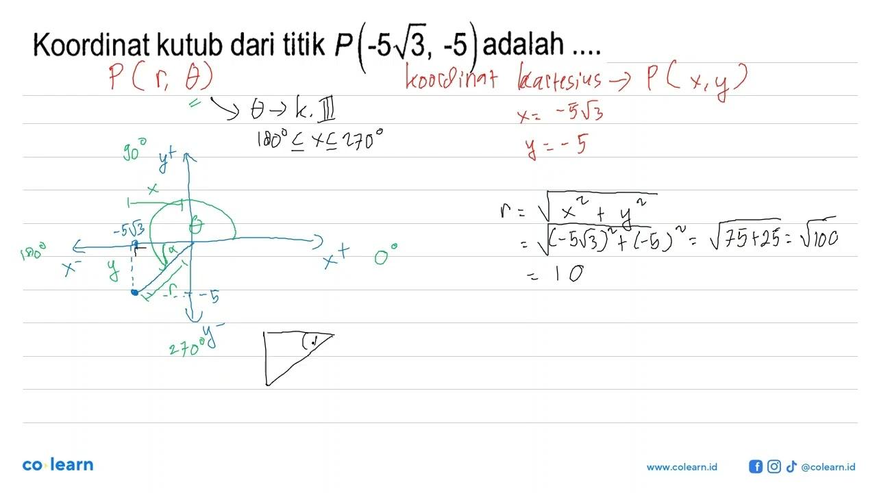 Koordinat kutub dari titik P(-5 akar(3),-5) adalah ....