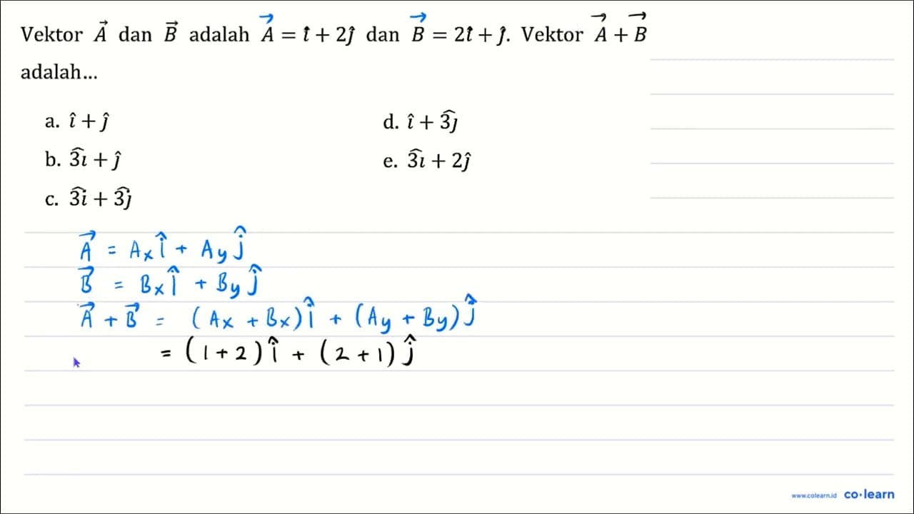 Vektor vektor A dan vektor B adalah A=i+2 hat{jmath) dan