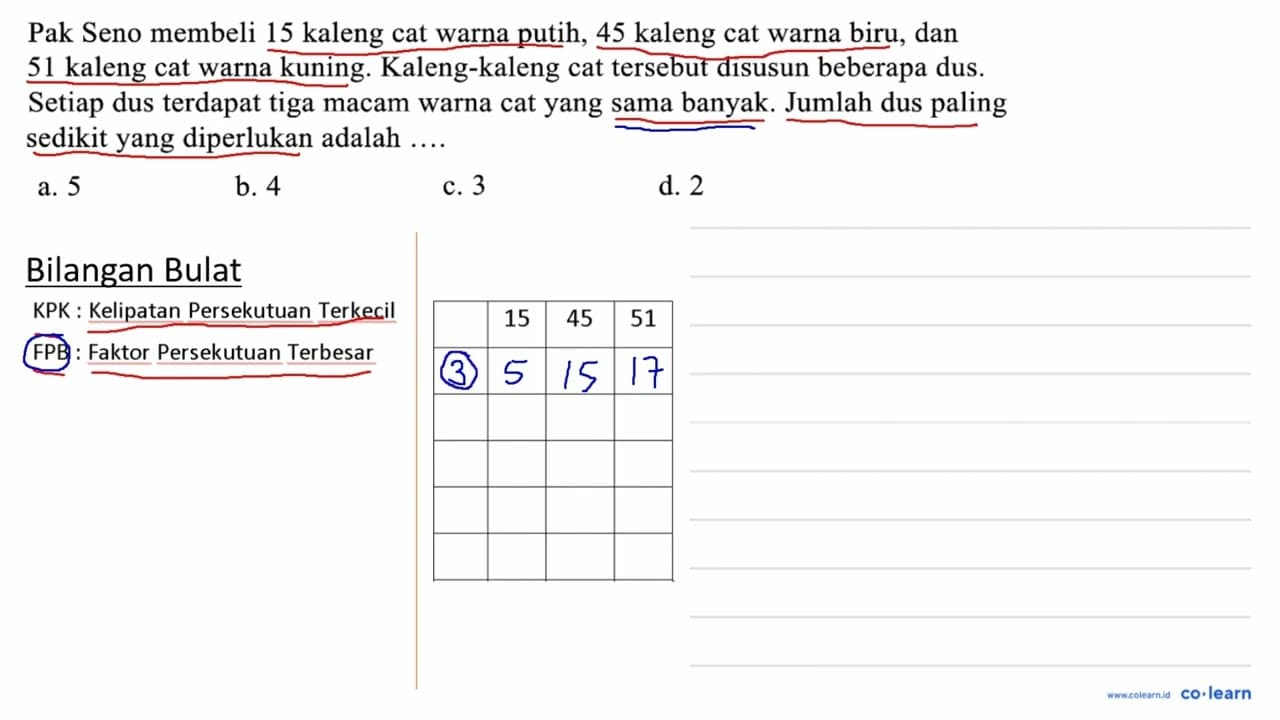 Pak Seno membeli 15 kaleng cat warna putih, 45 kaleng cat