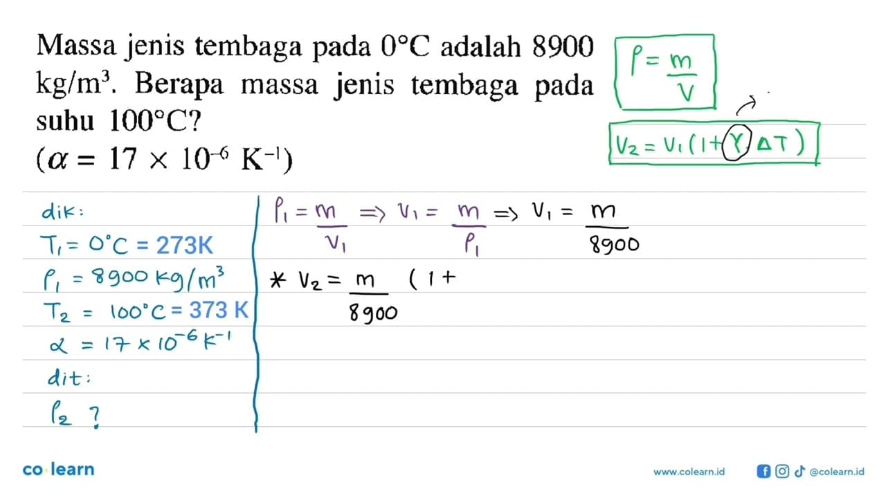 Massa jenis tembaga pada 0 C adalah 8900 kg/m^3. Berapa