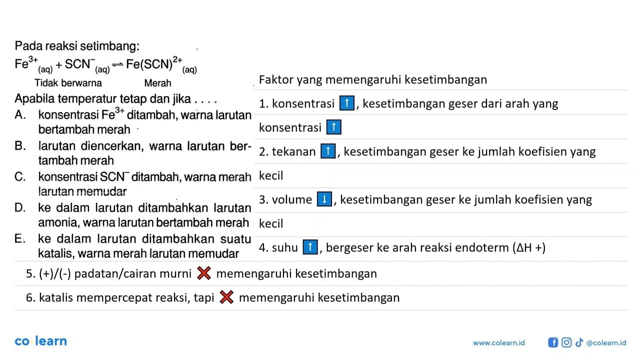 Pada reaksi setimbang: Fe^(3+)(aq)+SCN^- (aq)<-