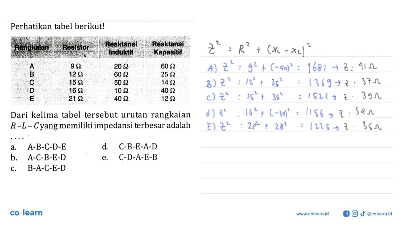 Perhatikan tabel berikut! Rangkaian Resistor Reduktansi