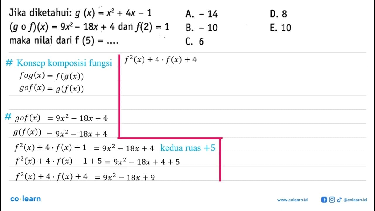 Jika diketahui: g(x)=x^2+4 x-1 (g o f)(x)=9 x^2-18 x+4 dan