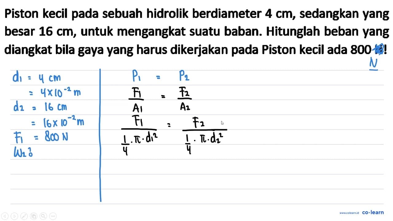 Piston kecil pada sebuah hidrolik berdiameter 4 cm ,