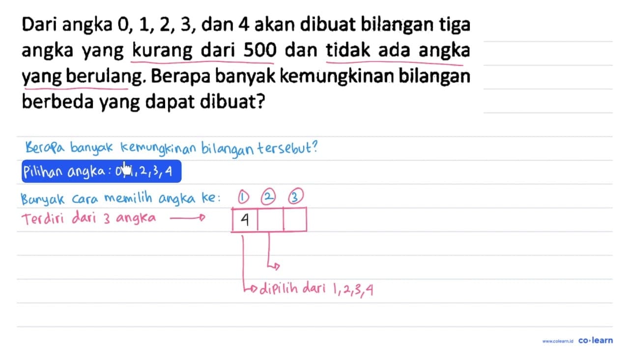 Dari angka 0,1,2,3, dan 4 akan dibuat bilangan tiga angka
