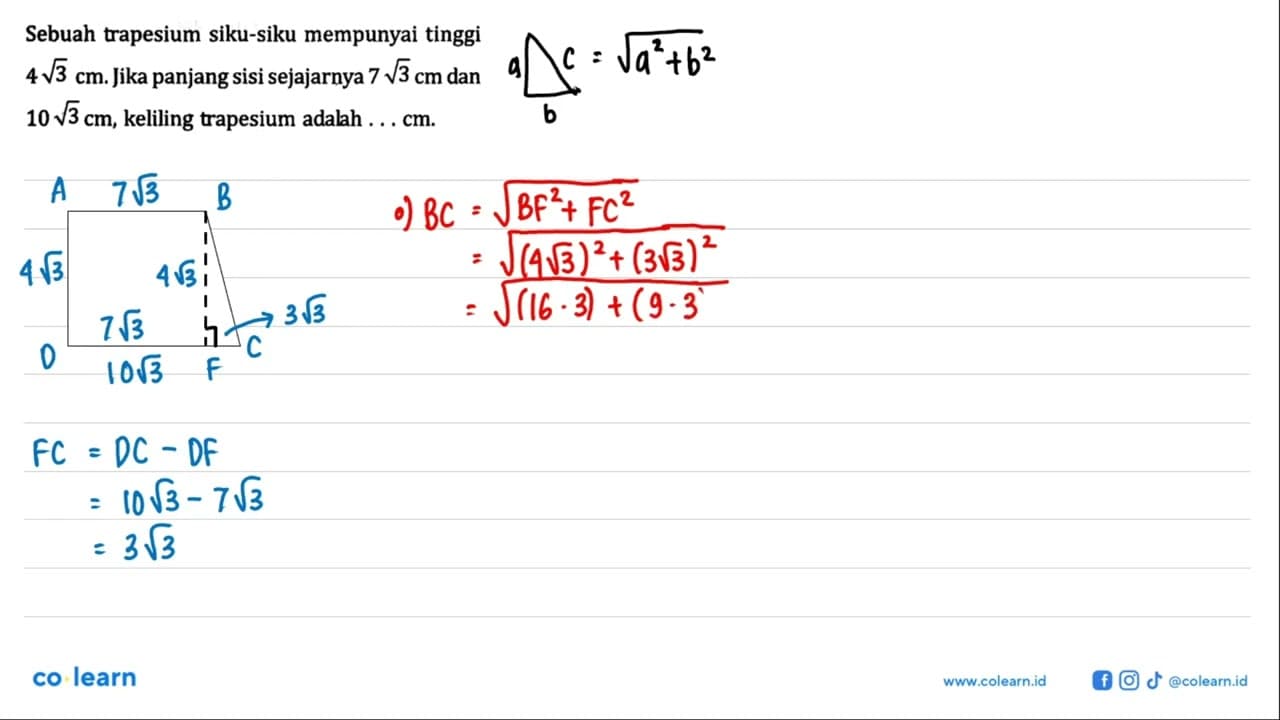 Sebuah trapesium siku-siku mempunyai tinggi 4 akar(3) cm.