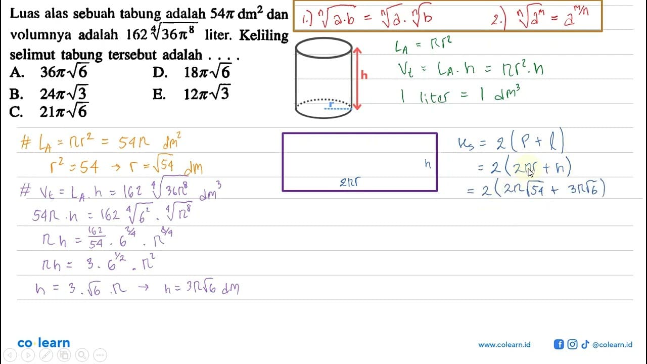 Luas alas sebuah tabung adalah 54 pi dm^2 dan volumnya