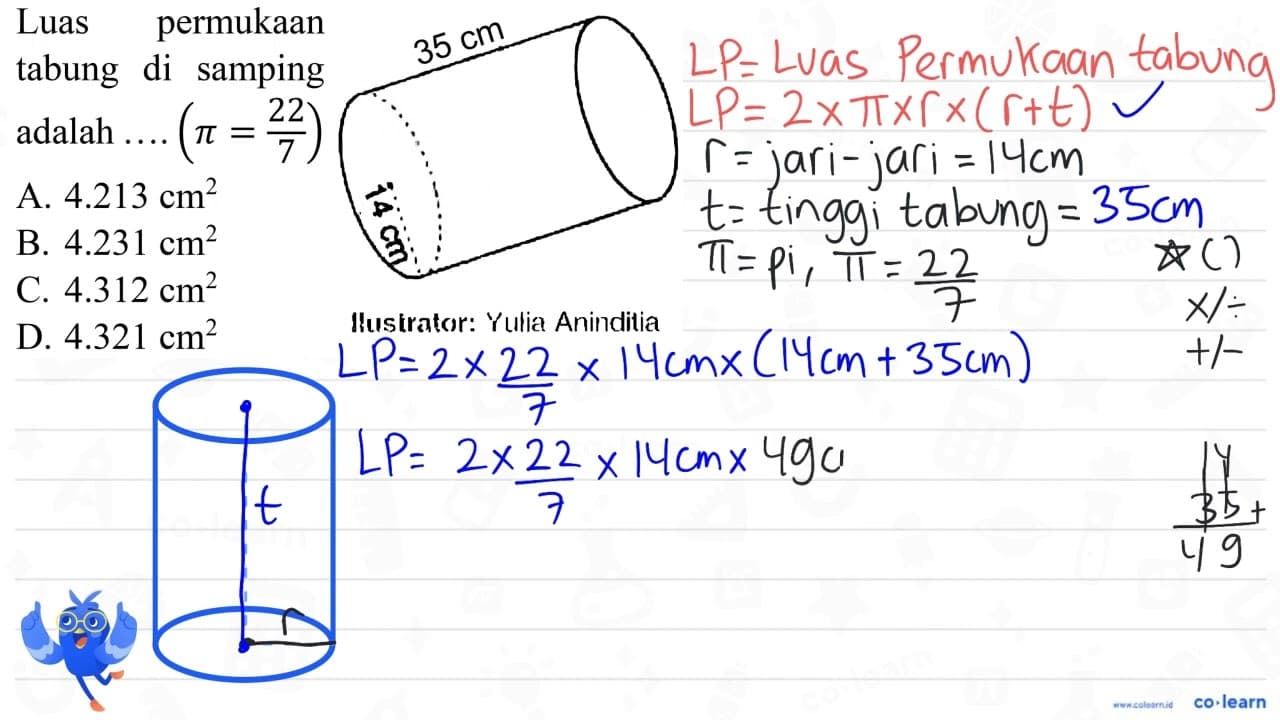 Luas permukaan tabung di samping adalah .... (pi = 22/7) 35