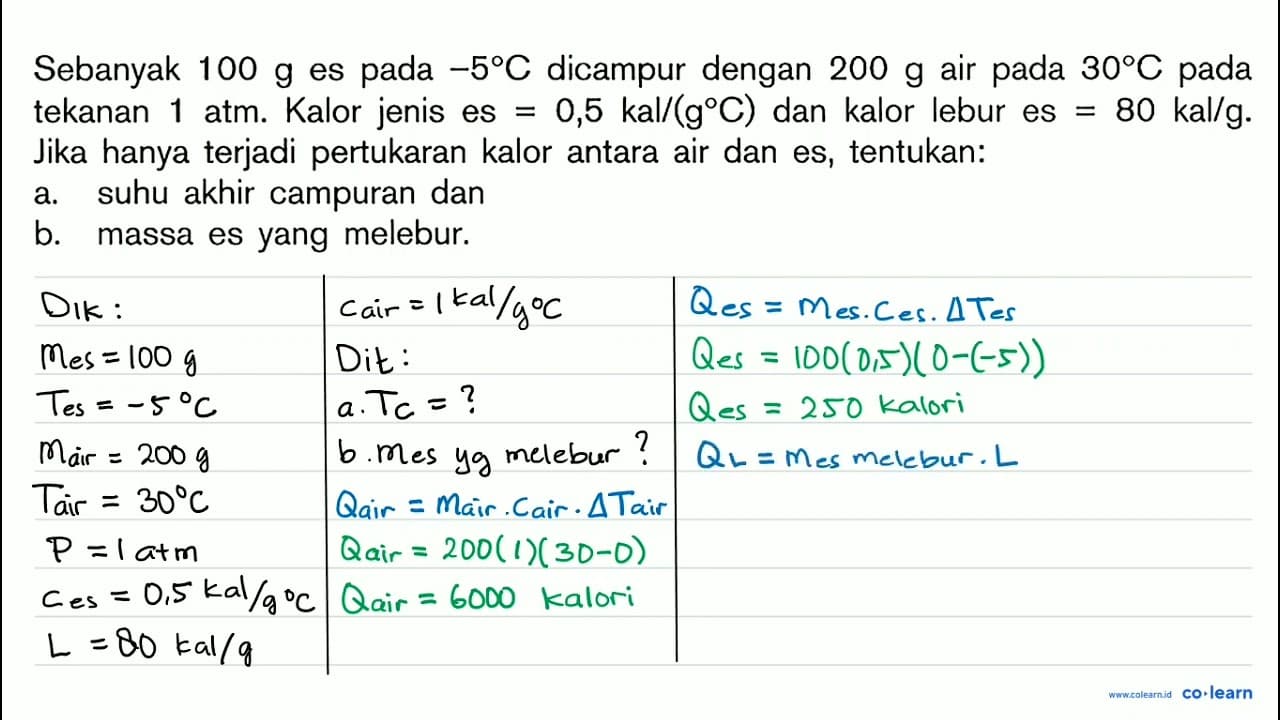 Sebanyak 100 g es pada -5 C dicampur dengan 200 g air pada