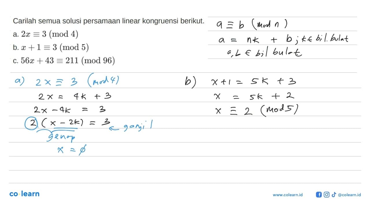 Carilah semua solusi persamaan linear kongruensi berikut.