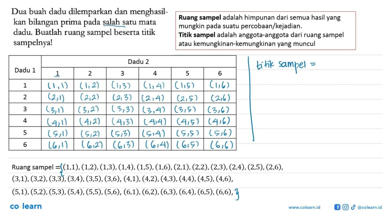 Dua buah dadu dilemparkan dan menghasilkan bilangan prima