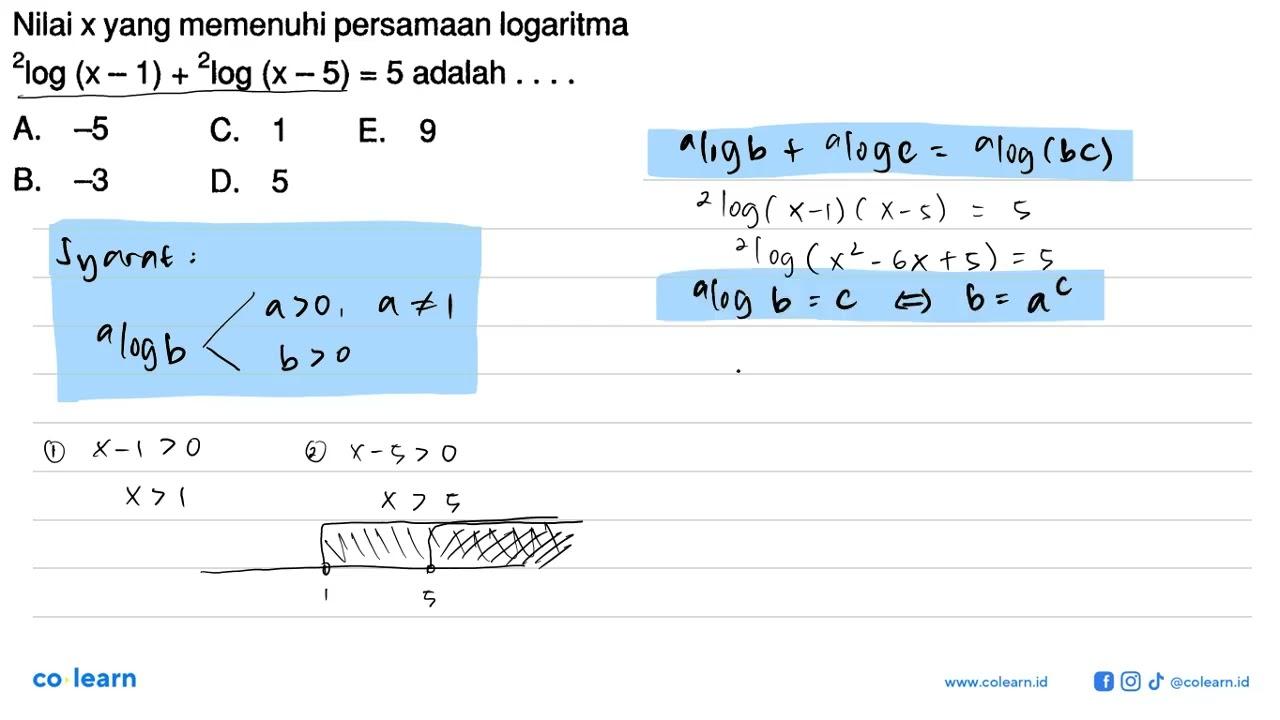 Nilai x yang memenuhi persamaan logaritma 2log(x - 1) +