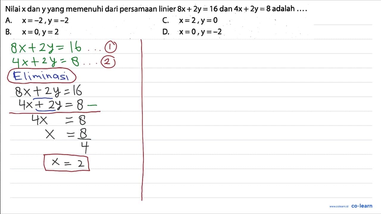 Nilai x dan y yang memenuhi dari persamaan linier 8x+2y=16