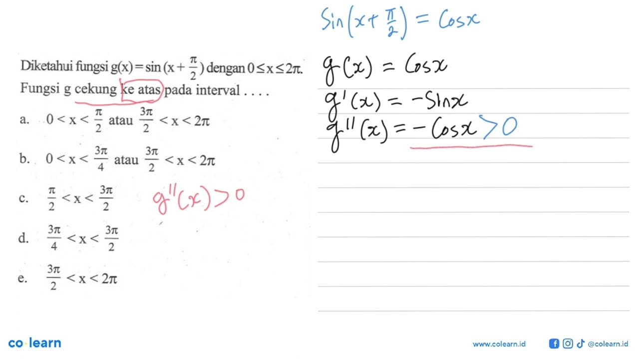 Diketahui fungsi g(x)=sin (x + pi/2) = dengan 0<x<2pi.