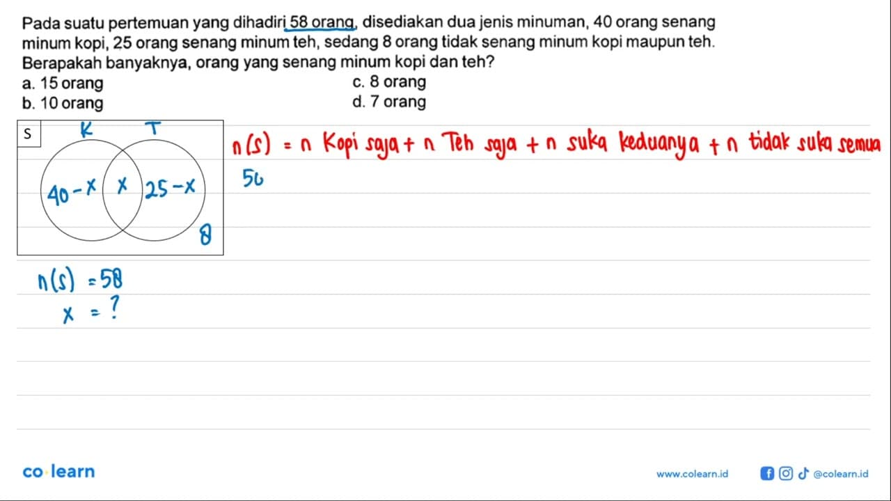 Pada suatu pertemuan yang dihadiri 58 orang, disediakan dua