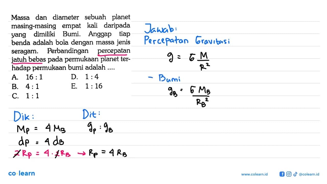 Massa dan diameter sebuah planet masing-masing empat kali