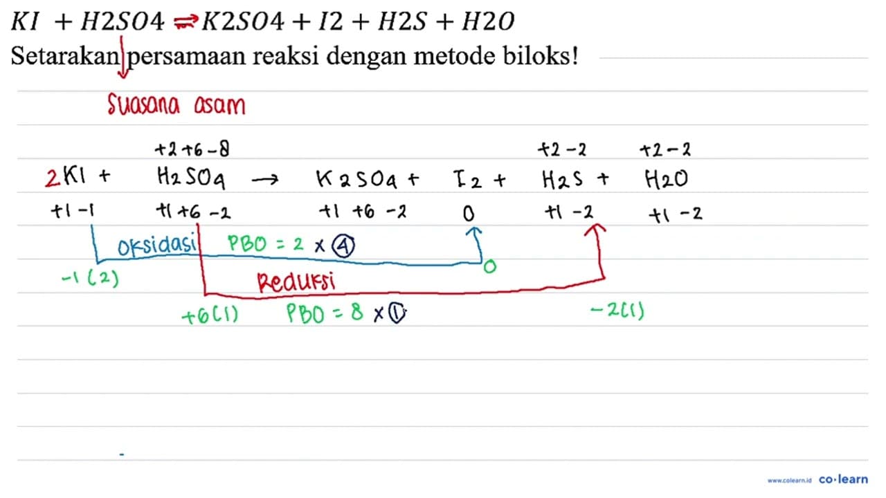 KI +H2SO4=K2SO4+I2+H2S+H20 SETARAKAN PERSAMAAN REAKSI