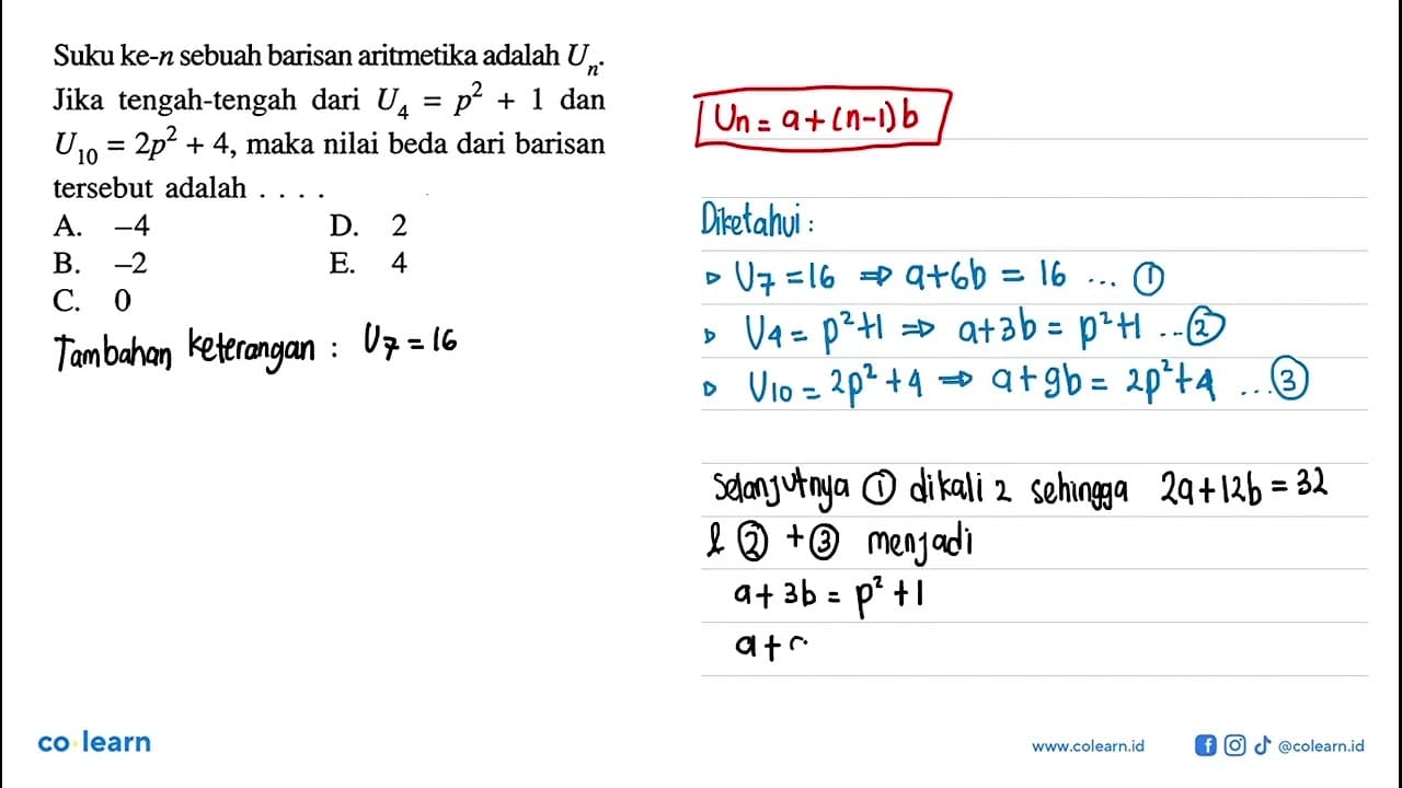 Suku ke- n sebuah barisan aritmetika adalah Un . Jika