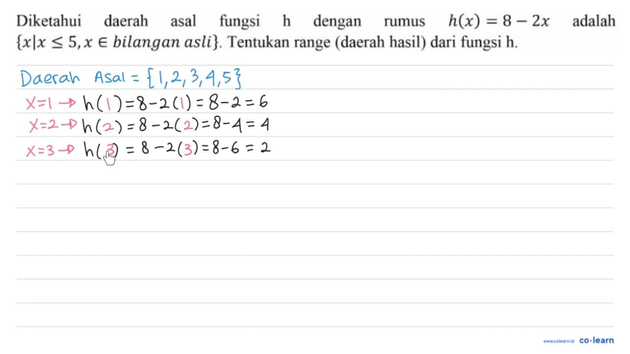 Diketahui daerah asal fungsi h dengan rumus h(x)=8-2 x