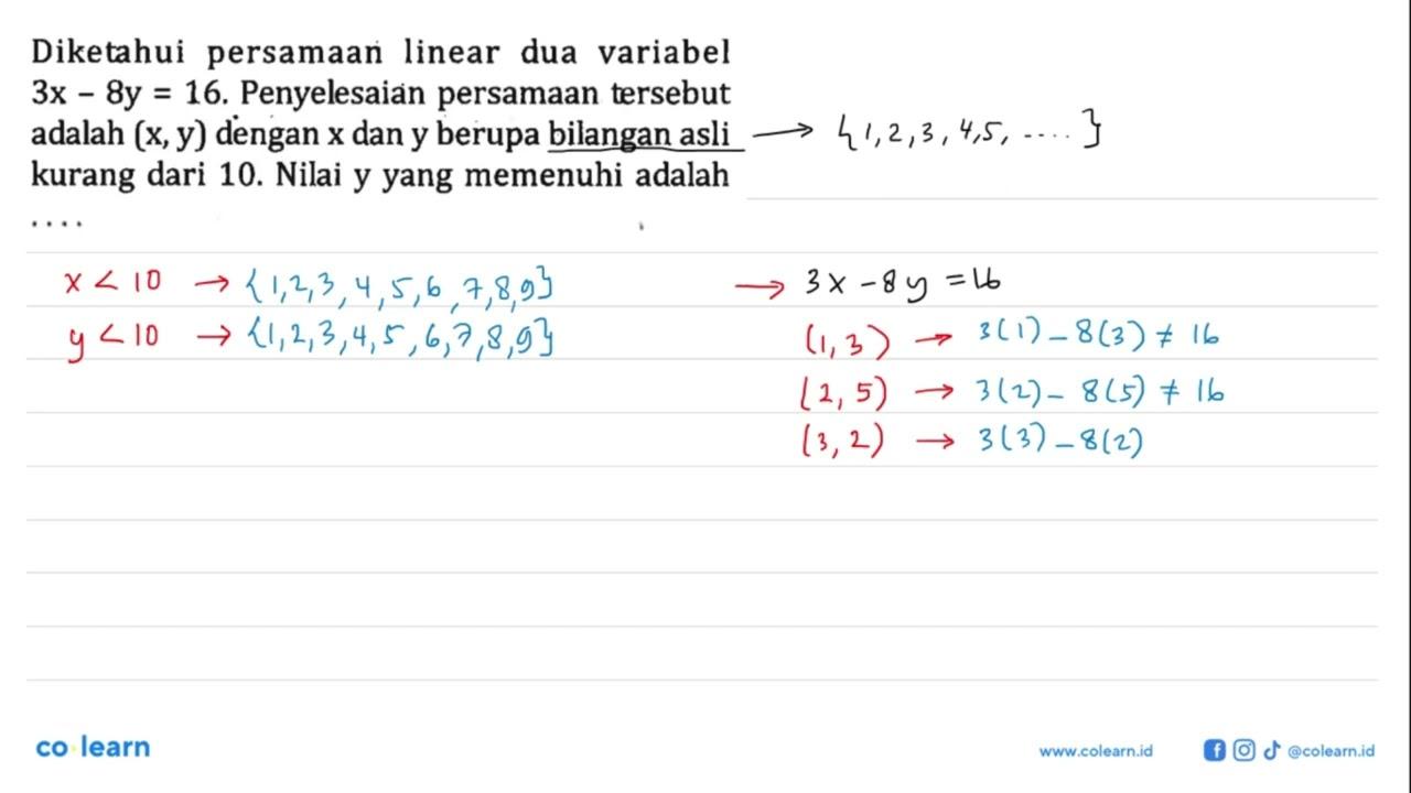 Diketahui persamaan linear dua variabel 3x - 8y = 16.