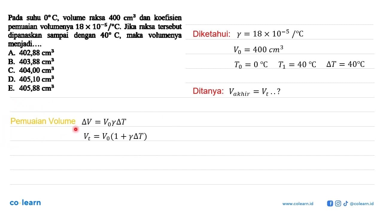 Pada suhu 0 C, volume raksa 400 cm^3 dan koefisien pemuaian