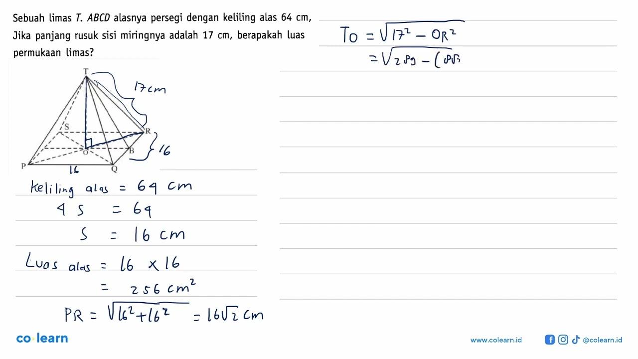Sebuah limas T.ABCD alasnya persegi dengan keliling alas 64