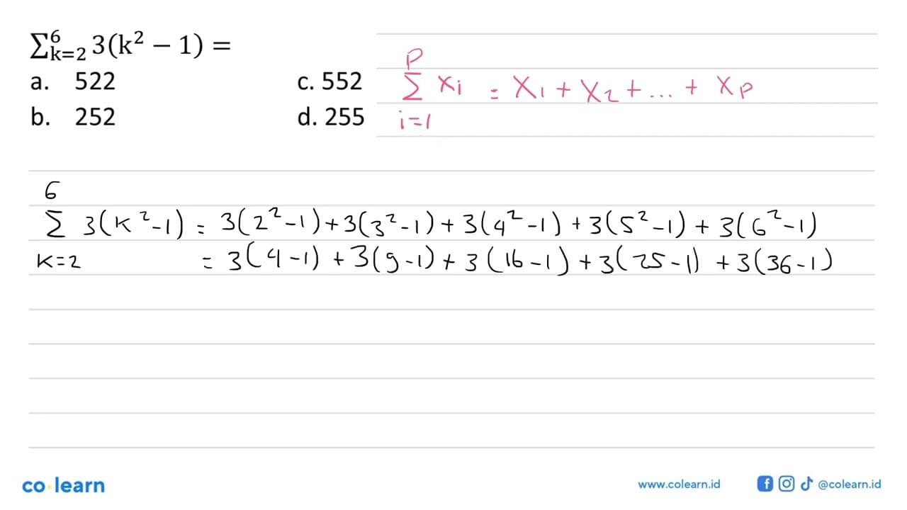 sigma k=2 6 3(k^2 - 1 ) =