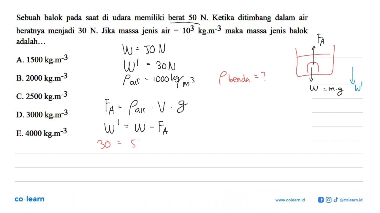 Sebuah balok pada saat di udara memiliki berat 50 N .