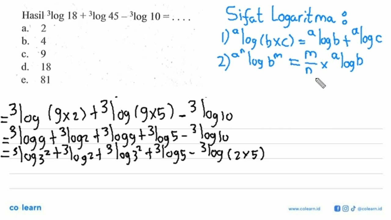 Hasil 3log18+3log45-3log10= ...