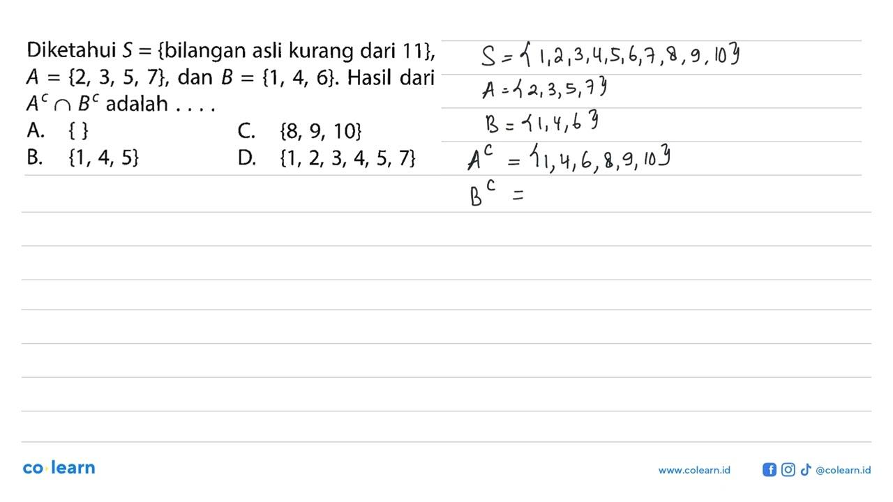 Diketahui S = {bilangan asli kurang dari 11}, A = {2, 3, 5,