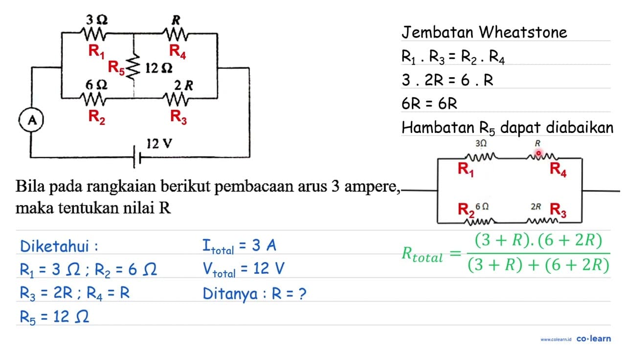 3 Ohm R 6 Ohm 12 Ohm 2R A 12 V Bila pada rangkaian berikut