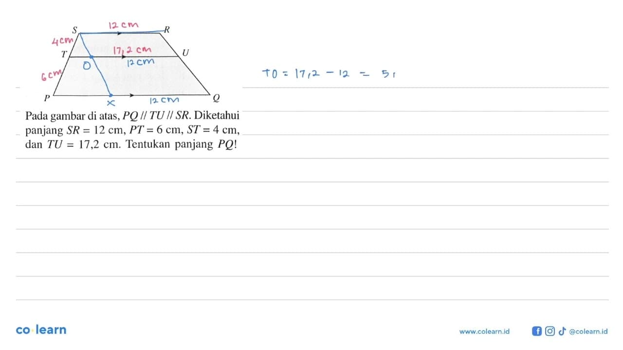 Pada gambar di atas, PQ//TU//SR. Diketahui panjang SR=12