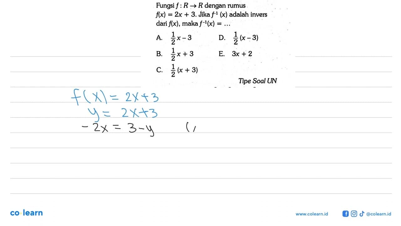 Fungsi f: R -> R dengan rumus f(x)=2x+3 . Jika f^(-1)(x)