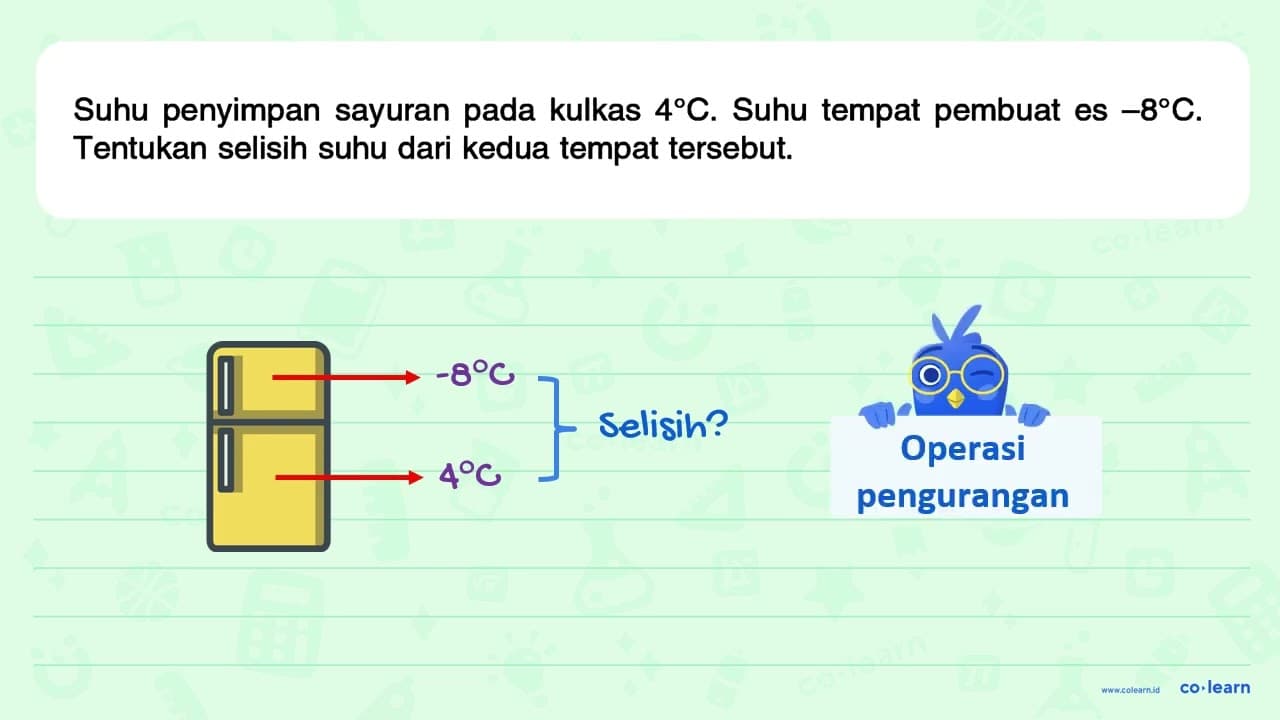 Suhu penyimpan sayuran pada kulkas 4 C. Suhu tempat pembuat