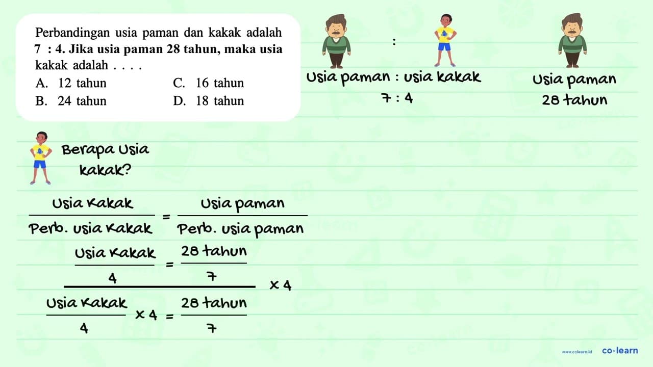 Perbandingan usia paman dan kakak adalah 7 : 4. Jika usia