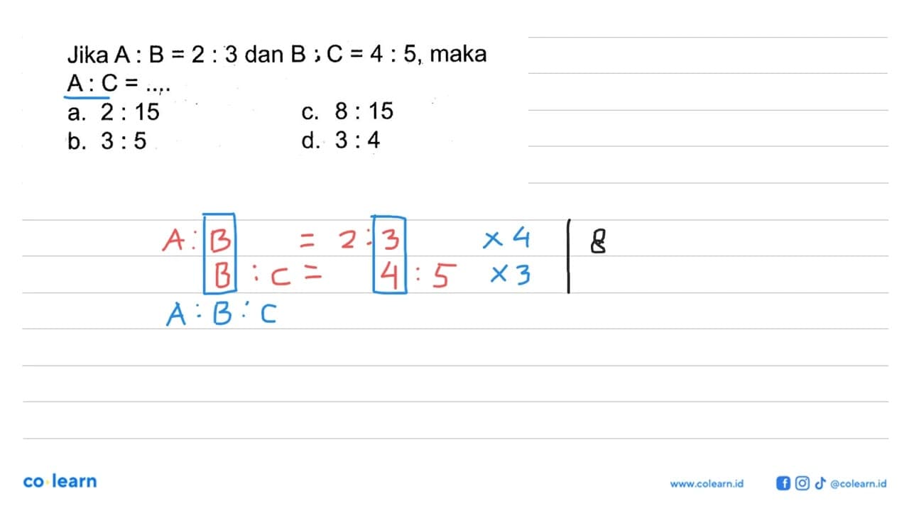 Jika A:B=2:3 dan B:C=4:5, maka A:C=...