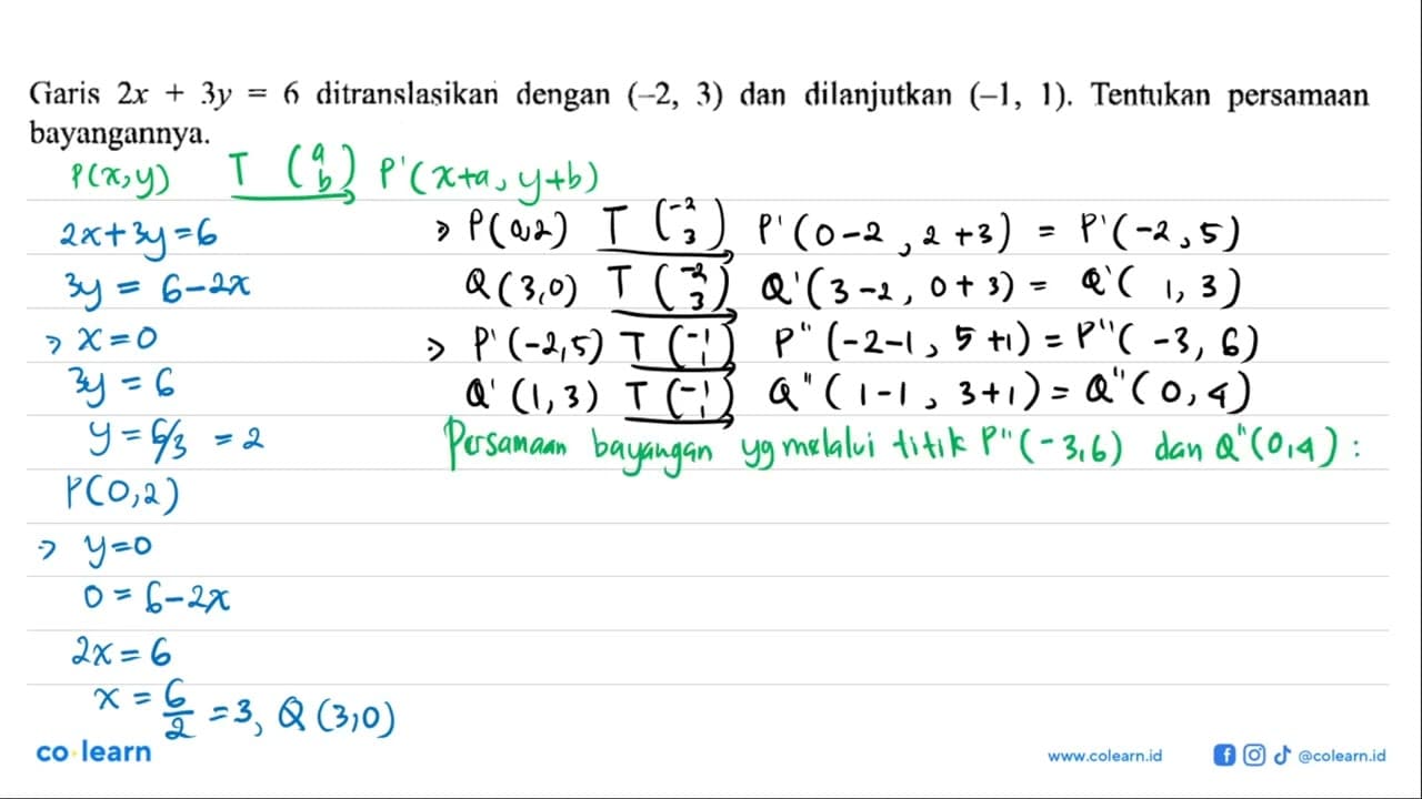 Garis 2 x+3 y=6 ditranslasikan dengan (-2,3) dan