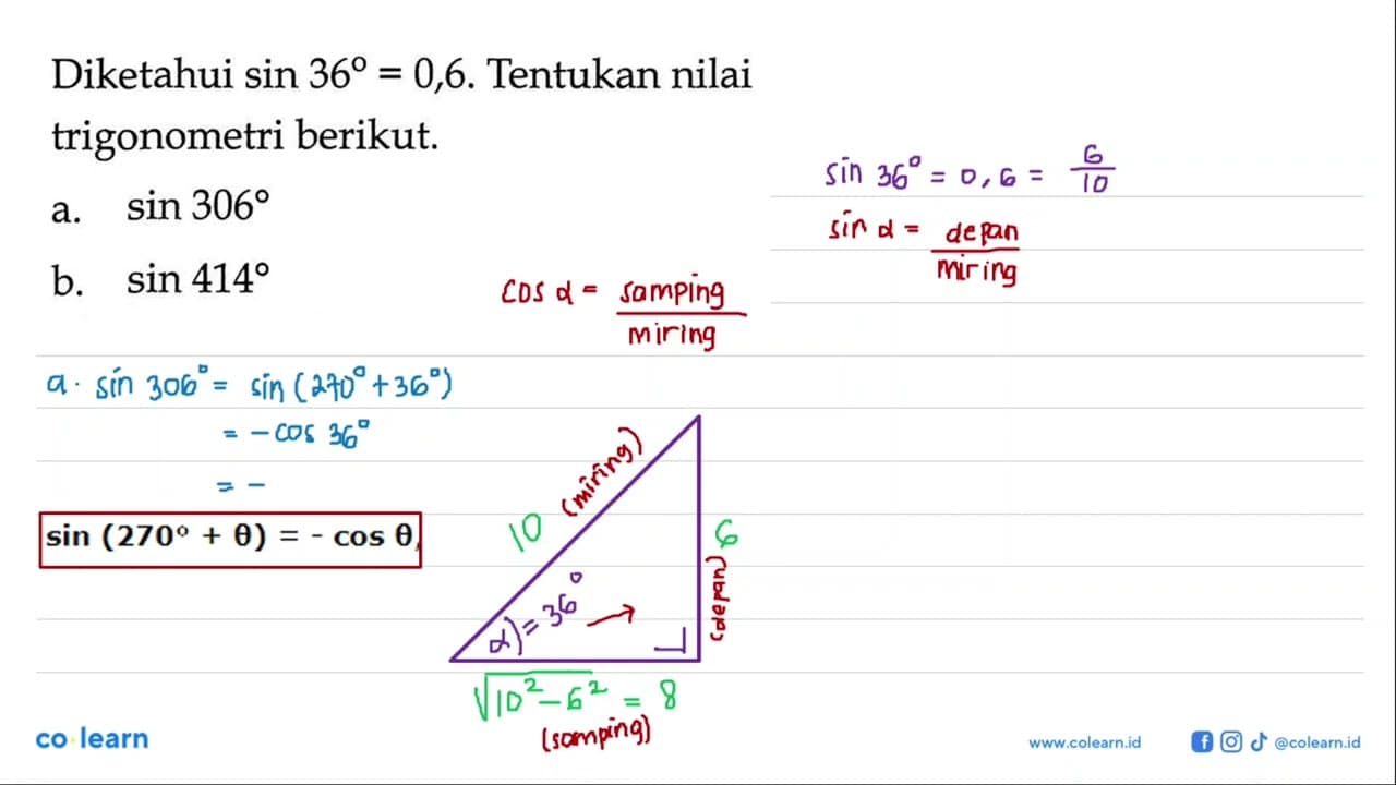 Diketahui sin 36=0,6 . Tentukan nilai trigonometri berikut.