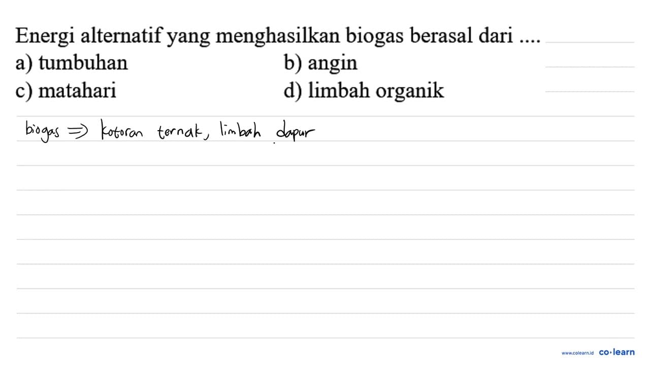 Energi alternatif yang menghasilkan biogas berasal dari....