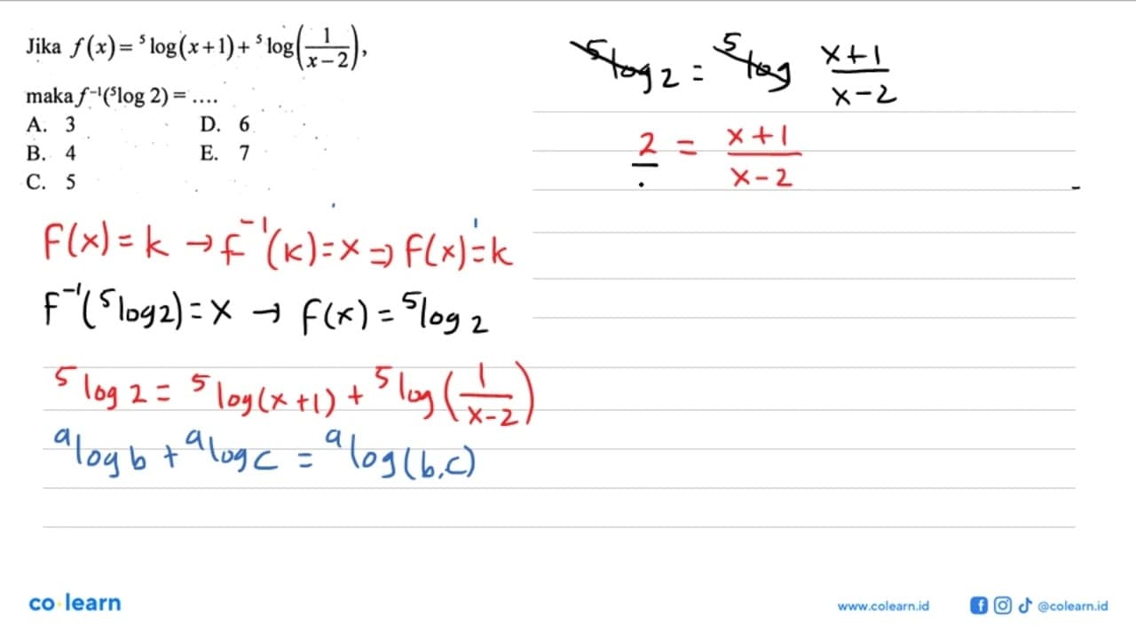 Jika f(x)= 5log(x+1)+ 5 log(1/(x-2)) maka f^-1(5log 2) =