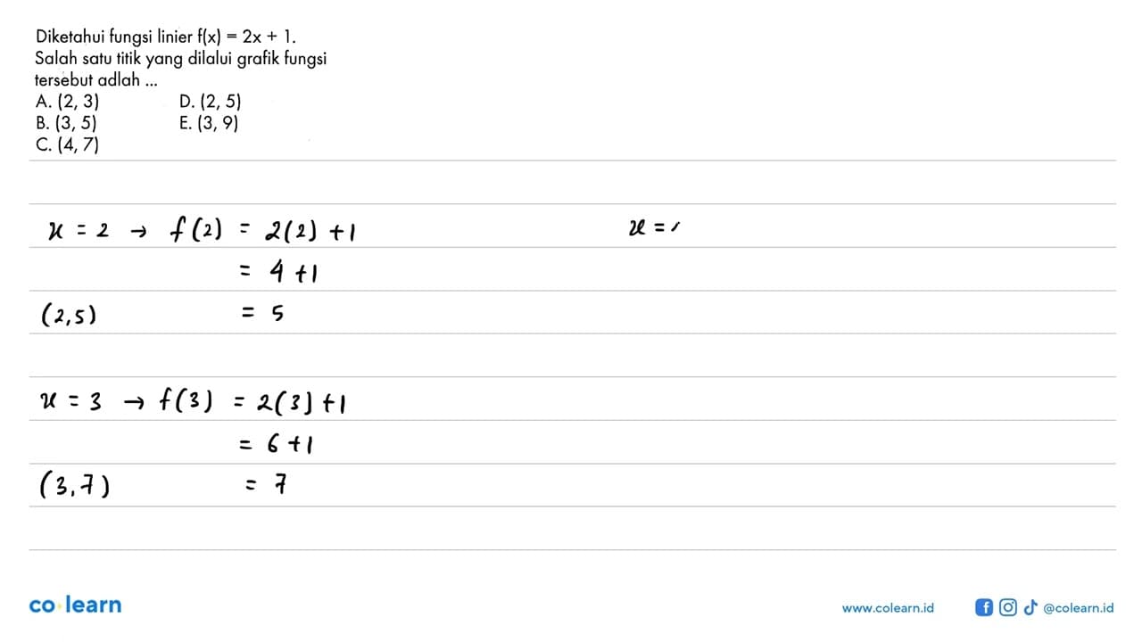 Diketahui fungsi linier f(x)=2x+1 Salah satu titik yang