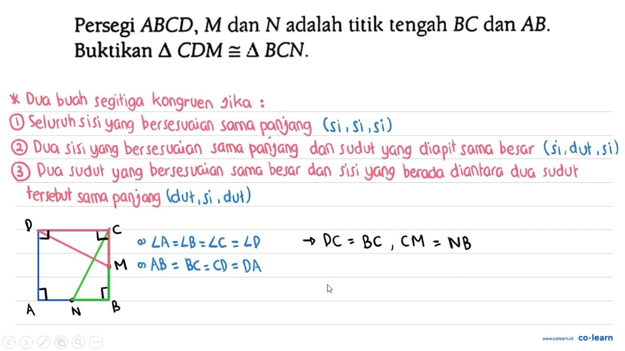 Persegi ABCD, M dan N adalah titik tengah BC dan AB.