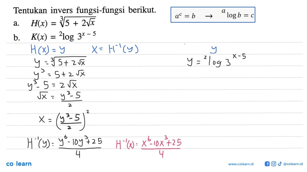 Tentukan invers fungsi-fungsi berikut. a.